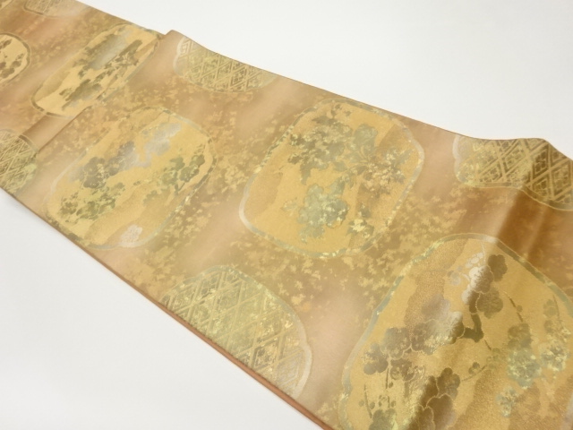 引箔梅に牡丹・花菱模様織出し袋帯